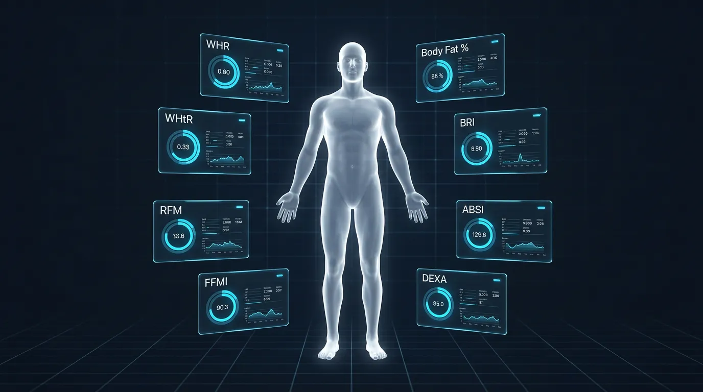 Clinical 3D anatomical comparison of eight BMI alternative body composition metrics including WHR, WHtR, BRI, RFM, ABSI, FFMI with biotech data overlay aesthetic