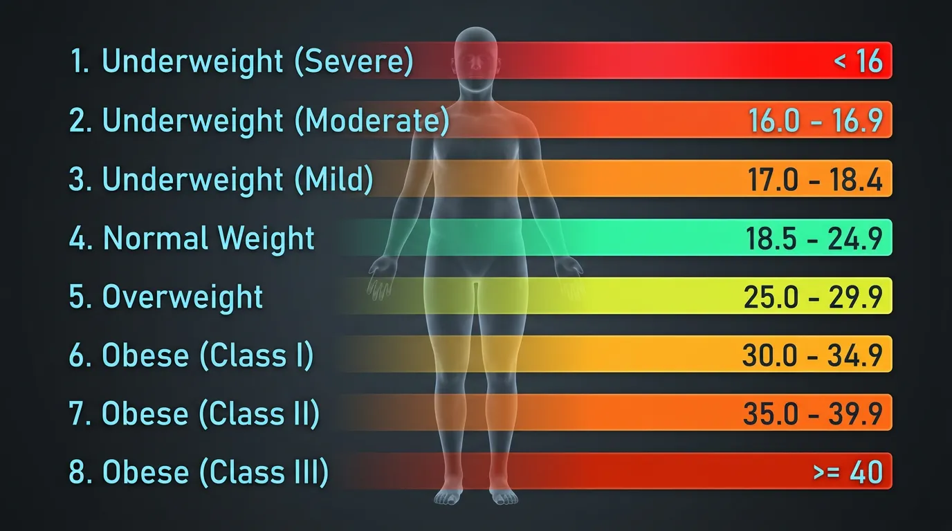 Complete WHO BMI classification chart showing 8 categories from Severe Underweight to Class III Obesity with color-coded health risk levels