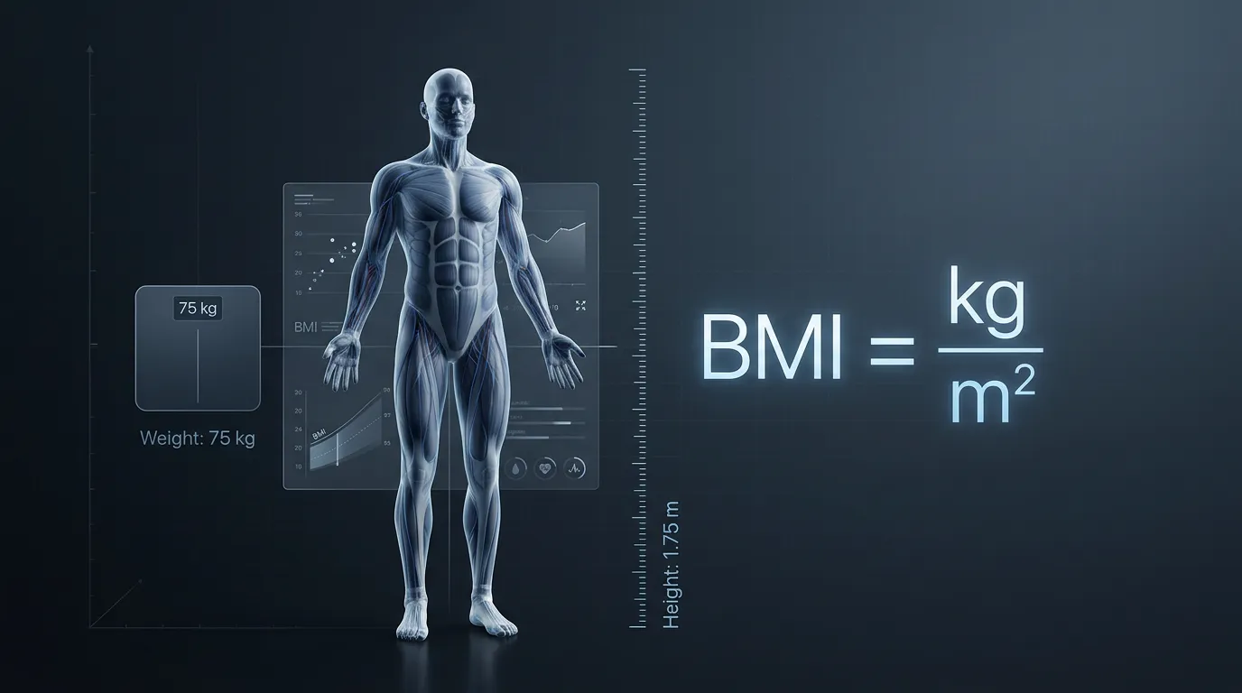 Clinical 3D anatomical figure with BMI mathematical formula equation kg per meter squared displayed beside in premium biotech aesthetic