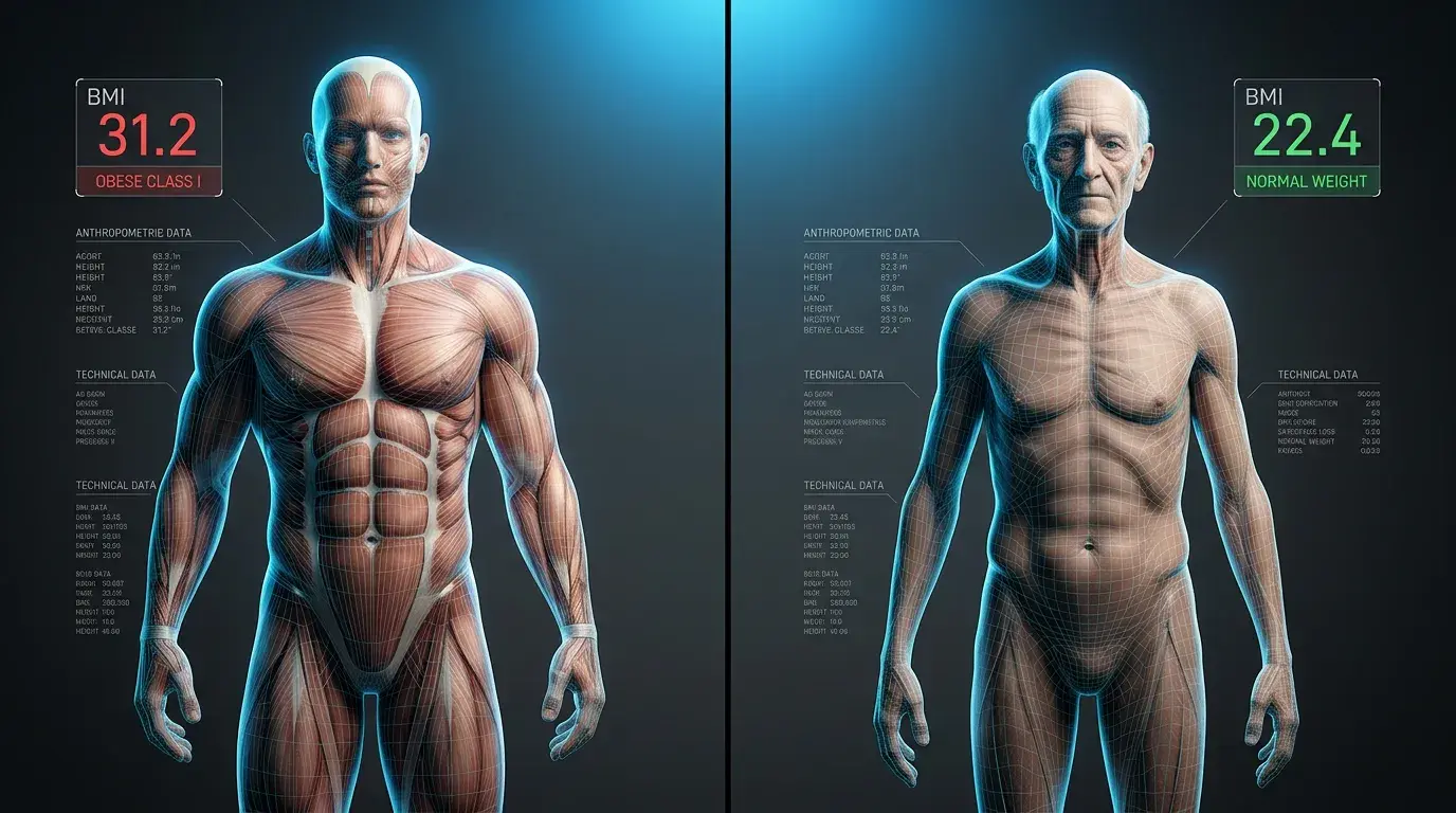 Athletic muscular male figure with BMI 31 displaying Obese Class I classification beside sarcopenic elderly figure with BMI 22 displaying Normal Weight, clinical visualization of BMI systematic misclassification