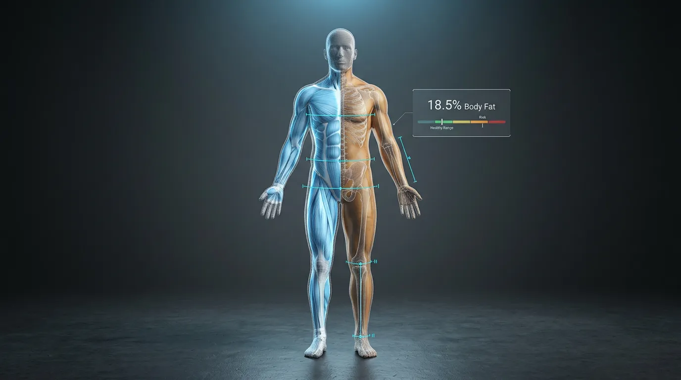 Adult 3D anatomical figure with body composition layer visualization showing 18.5% body fat percentage breakdown across muscle, bone, and adipose tissue
