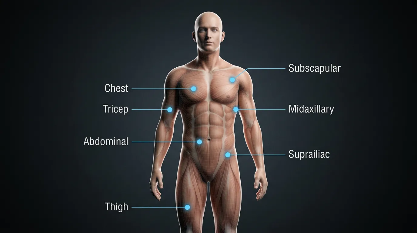 3D anatomical figure with 7 skinfold measurement sites highlighted: chest, abdominal, thigh, tricep, subscapular, suprailiac, midaxillary