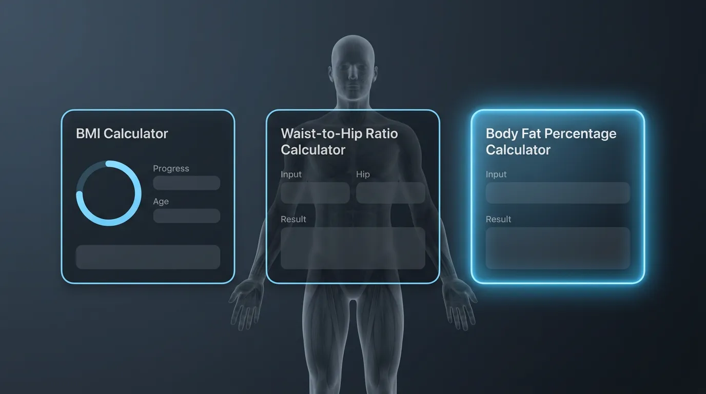 VisualBody clinical tool suite showing BMI Calculator, WHR Calculator, and Body Fat Percentage Calculator highlighted as premium medical dashboard
