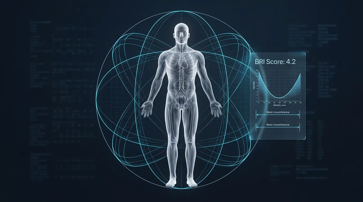3D anatomical figure modeled as ellipse with Body Roundness Index BRI score 4.2 and U-curve mortality risk visualization in clinical biotech aesthetic
